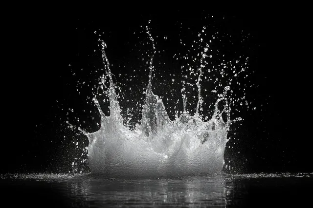 Frozen water splash rises into the air with bright droplets against a black background.