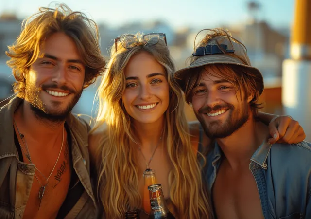 Three friends smiling together on a Barcelona rooftop terrace during sunset drinks