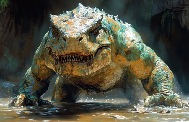 Lizard warrior crouches in a misty swamp, sword raised to hunt a predator