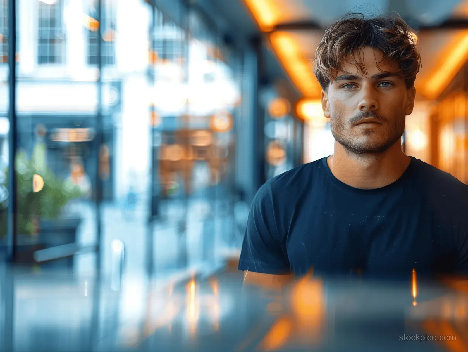 Muscular man in a black T-shirt poses on a London street with blurred storefront lights behind him.