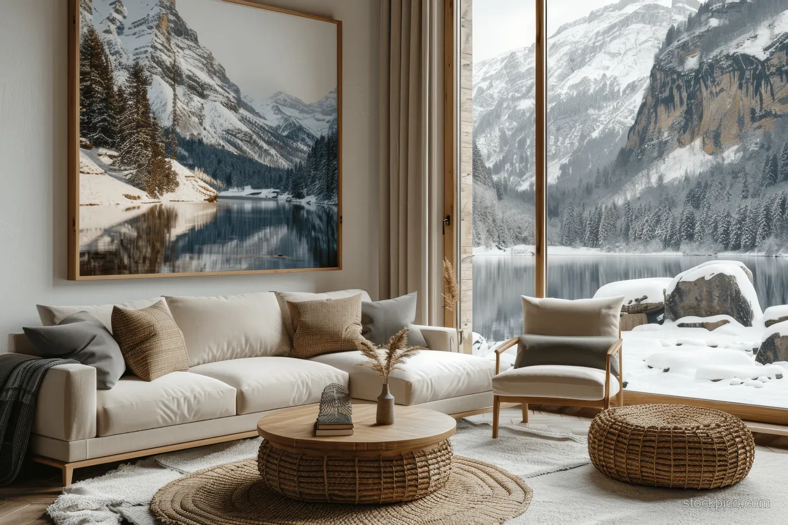 Beige sofa in a Scandinavian living room with framed landscape art and tall windows showing snowy mountains.