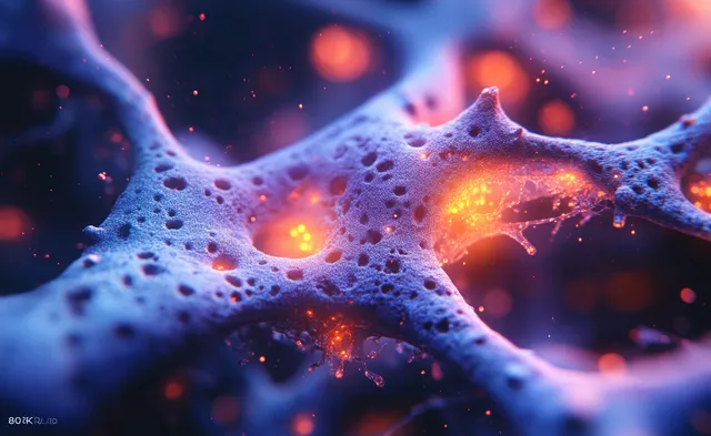 Glowing stem-cell membranes with orange neon organelle particles floating in a dark biotech lab background.