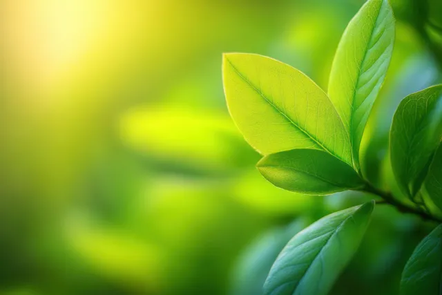 Sunlit green leaf close-up with glowing veins and soft bokeh greenery behind