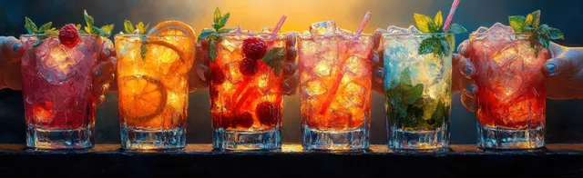 Friends clink mojito glasses at a beach bar, mint leaves glowing in summer sunlight