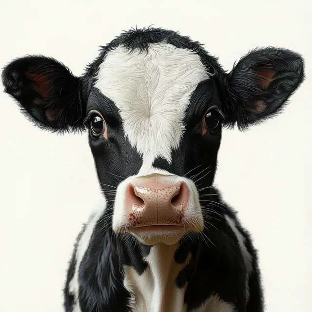 A curious black and white calf portrait with large ears, wide eyes, and textured fur against a plain white background.