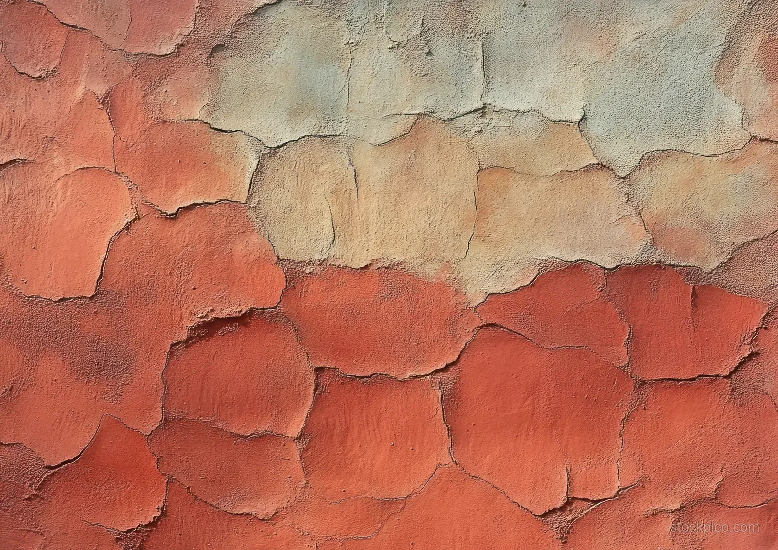 A close-up weathered wall showing peeling red and beige paint with cracked layers and rough texture.