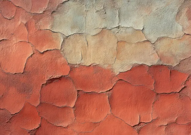 A close-up weathered wall showing peeling red and beige paint with cracked layers and rough texture.