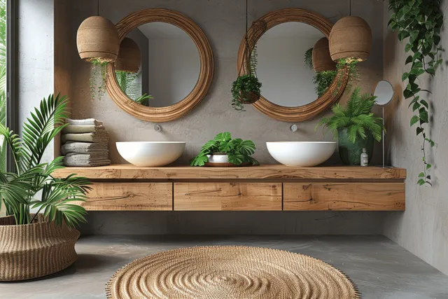 Minimalist bathroom with double sink vanity, round mirrors, woven rug, potted plants, and light gray concrete floor.