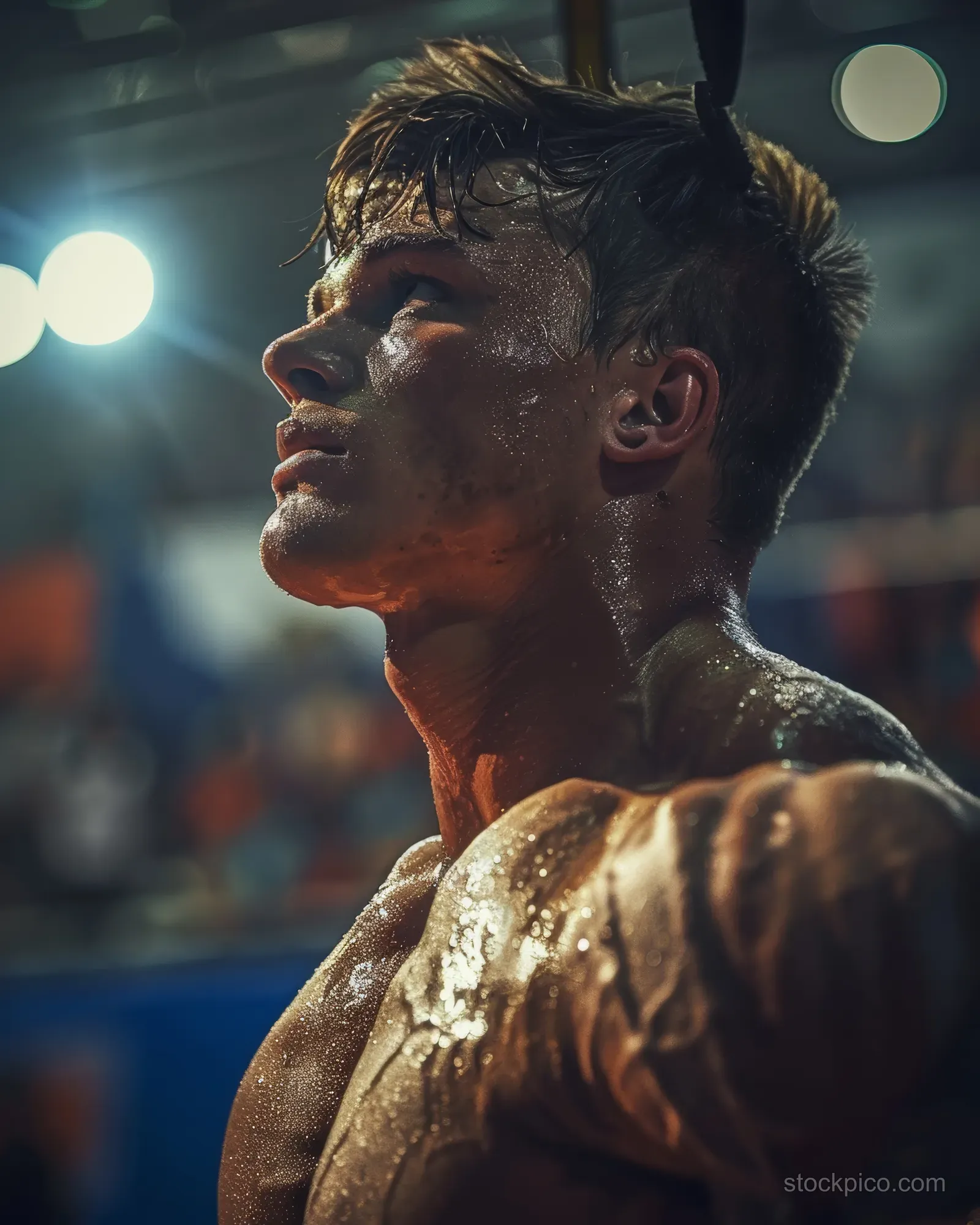 Georgian weightlifter in a dramatic close-up, clenching jaw with spotlight haze and blurred spectators behind.