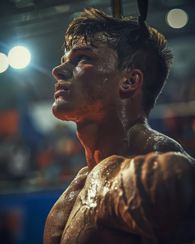 Georgian weightlifter at competition, close-up with intense pre-lift tension and spotlight haze