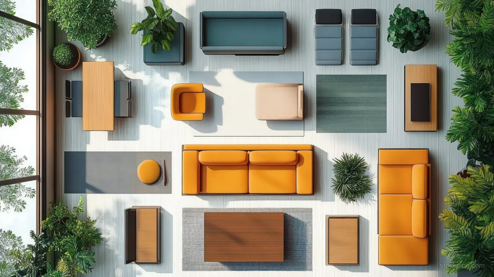 Overhead floor-plan view of a minimalist living room layout with colorful furniture blocks and potted plants.