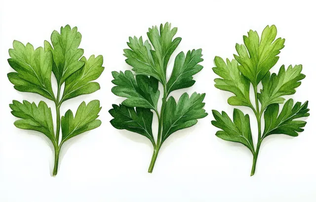 Three fresh green parsley sprigs with detailed leaves and stems against a clean white background.