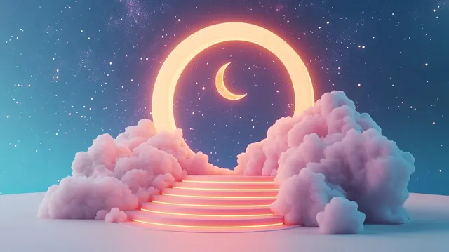 Glowing circular portal with crescent moon atop illuminated stairs under starry pink clouds