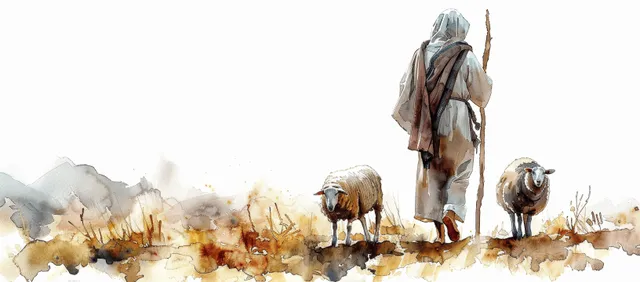 Watercolor Jesus shepherd walking with staff and sheep toward viewer on white background
