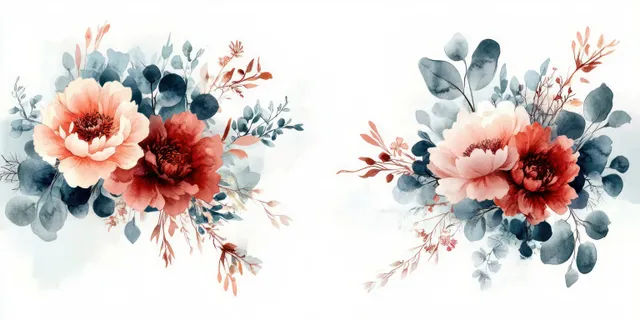 Hand-painted watercolor peony and eucalyptus floral bouquet frames in soft pastel tones for elegant stationery designs.