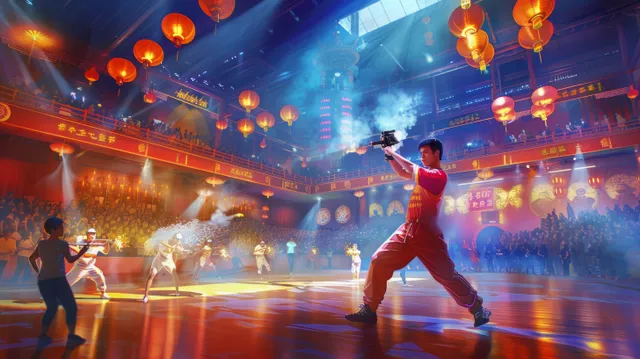 A Chinese pistol shooter aims at a 25m range under bright arena lights with spectators blurred behind.