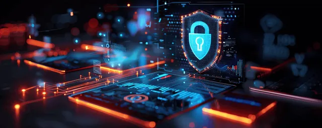 A smartphone security screen shows a glowing fingerprint shield surrounded by futuristic trading network graphics.