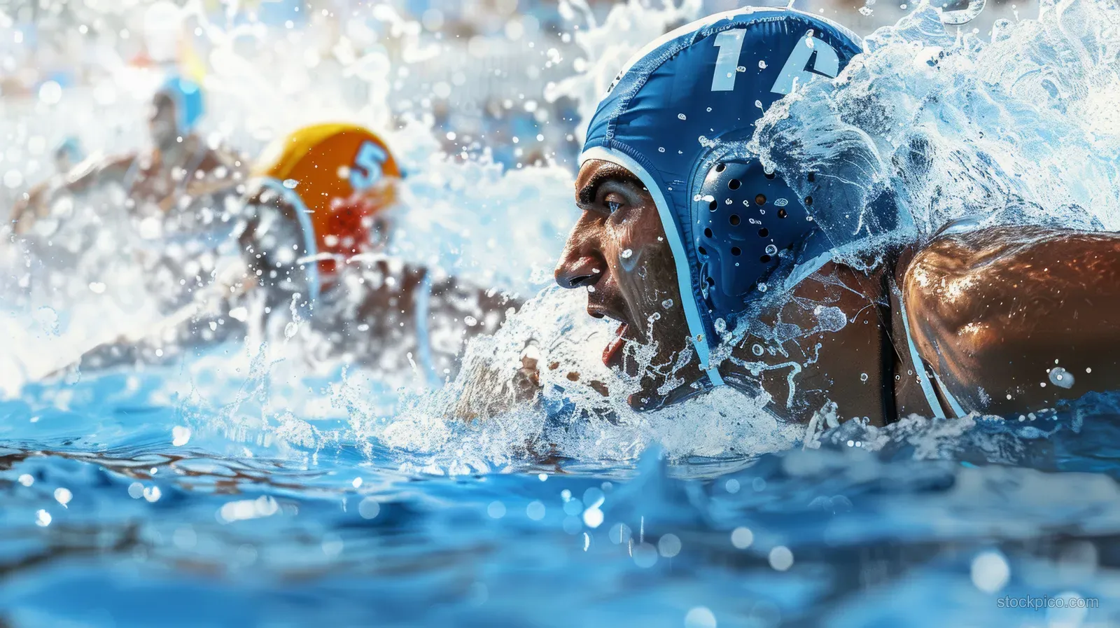 A Greek water polo player in a blue cap drives forward as water splashes across the pool.