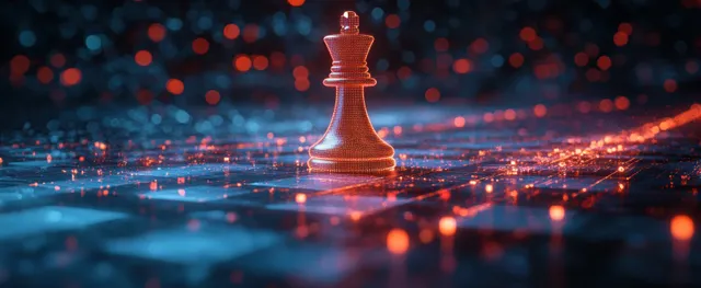 A vibrant digital scene merges chess strategy with business innovation and connectivity, showcasing intelligence and competitive advantage.