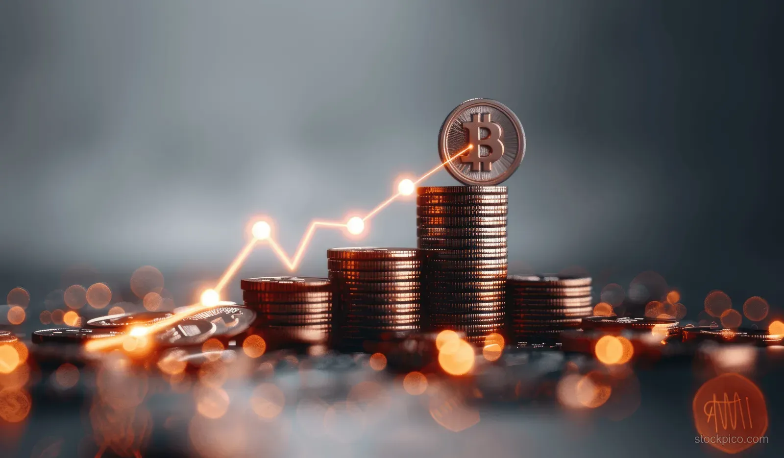 Stacked coins with a Bitcoin symbol and a glowing upward arrow over a blurred financial market background.