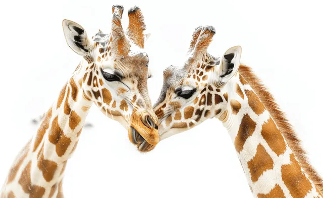 Two giraffes touching heads in a studio setting on a clean white background