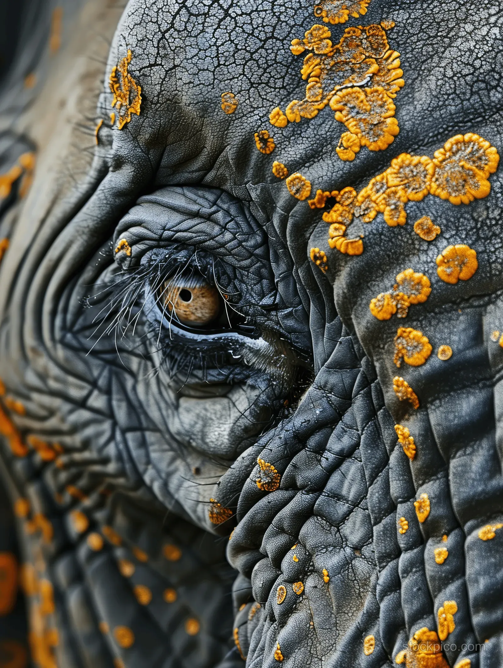 Elephant eye close-up on gray wrinkled skin with yellow lichen, showing an alert expression.