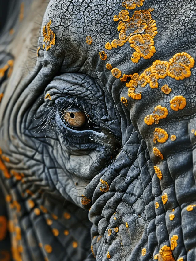 Close-up elephant eye with gray wrinkles and yellow lichen, conveying attentive emotion