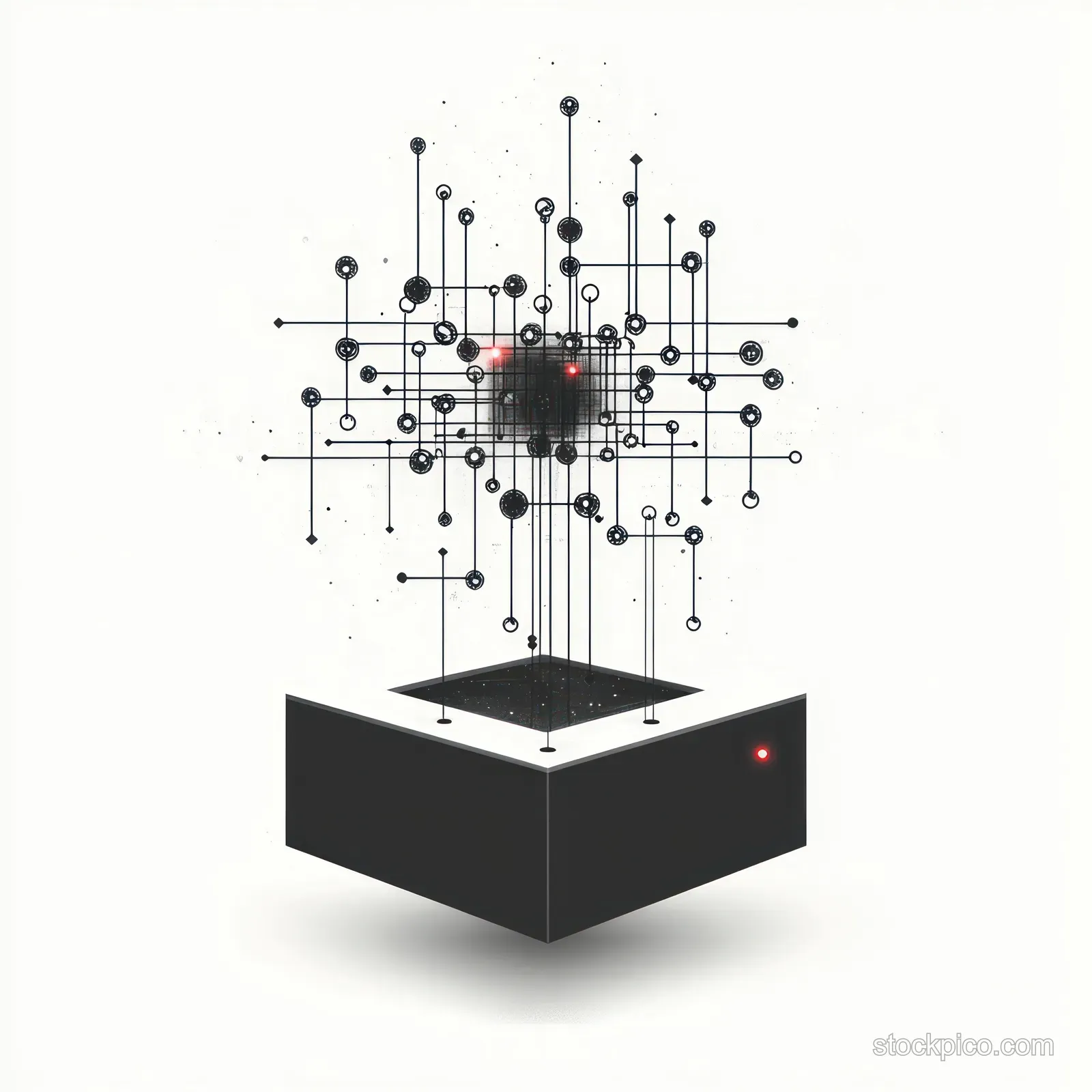 A dark cube emits intersecting lines of nodes with small glowing red points on a white background.