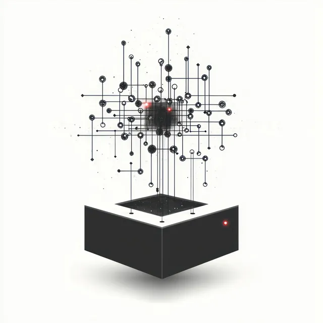 A dark cube emits intersecting lines of nodes with small glowing red points on a white background.