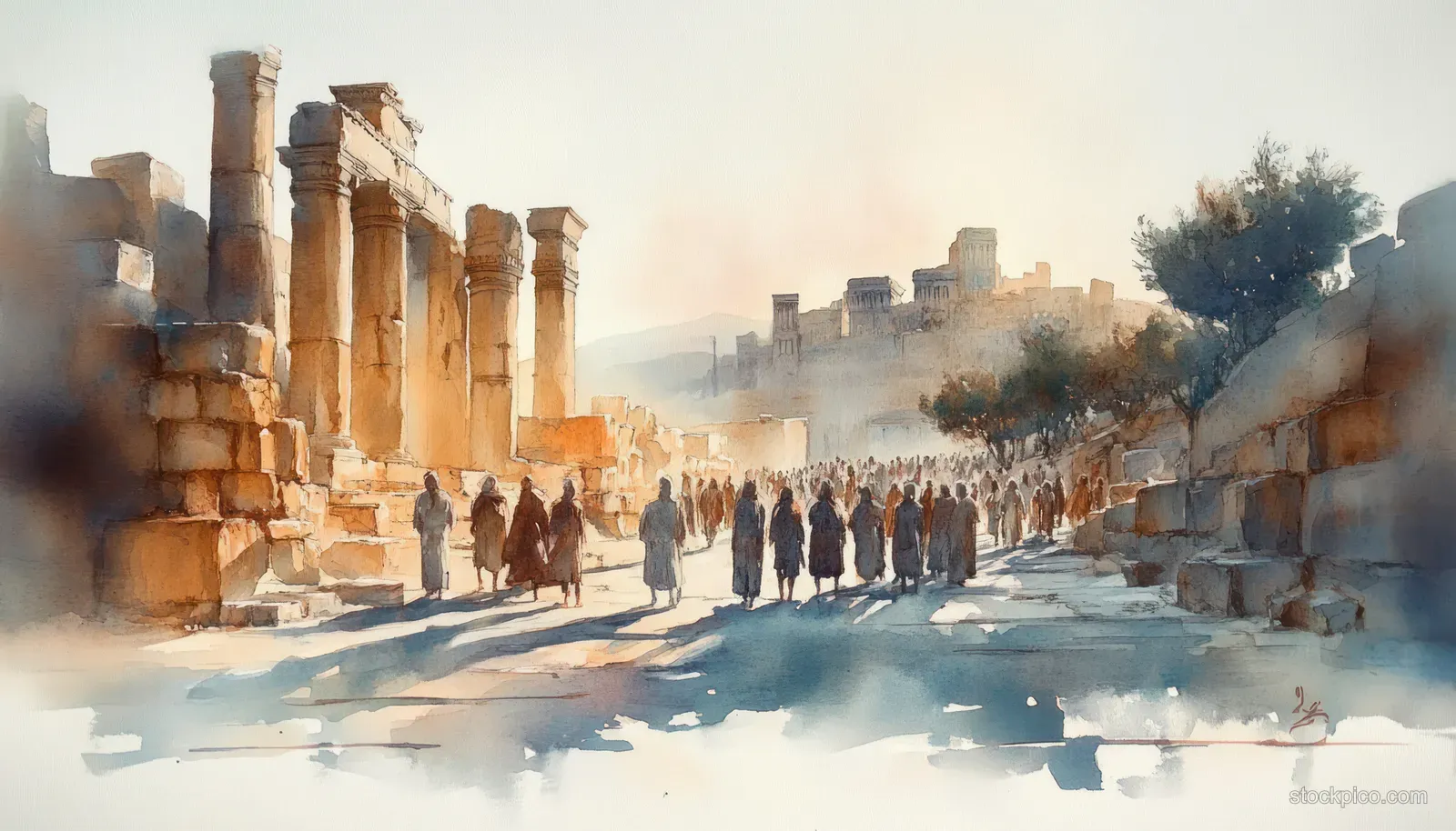 Watercolor scene of people gathering among ancient ruins as Jesus teaches under misty diffused lighting.