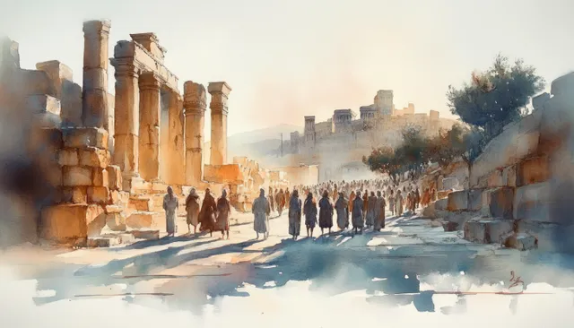 Watercolor gathering in ancient Judea ruins, figures following Jesus teaching under soft light