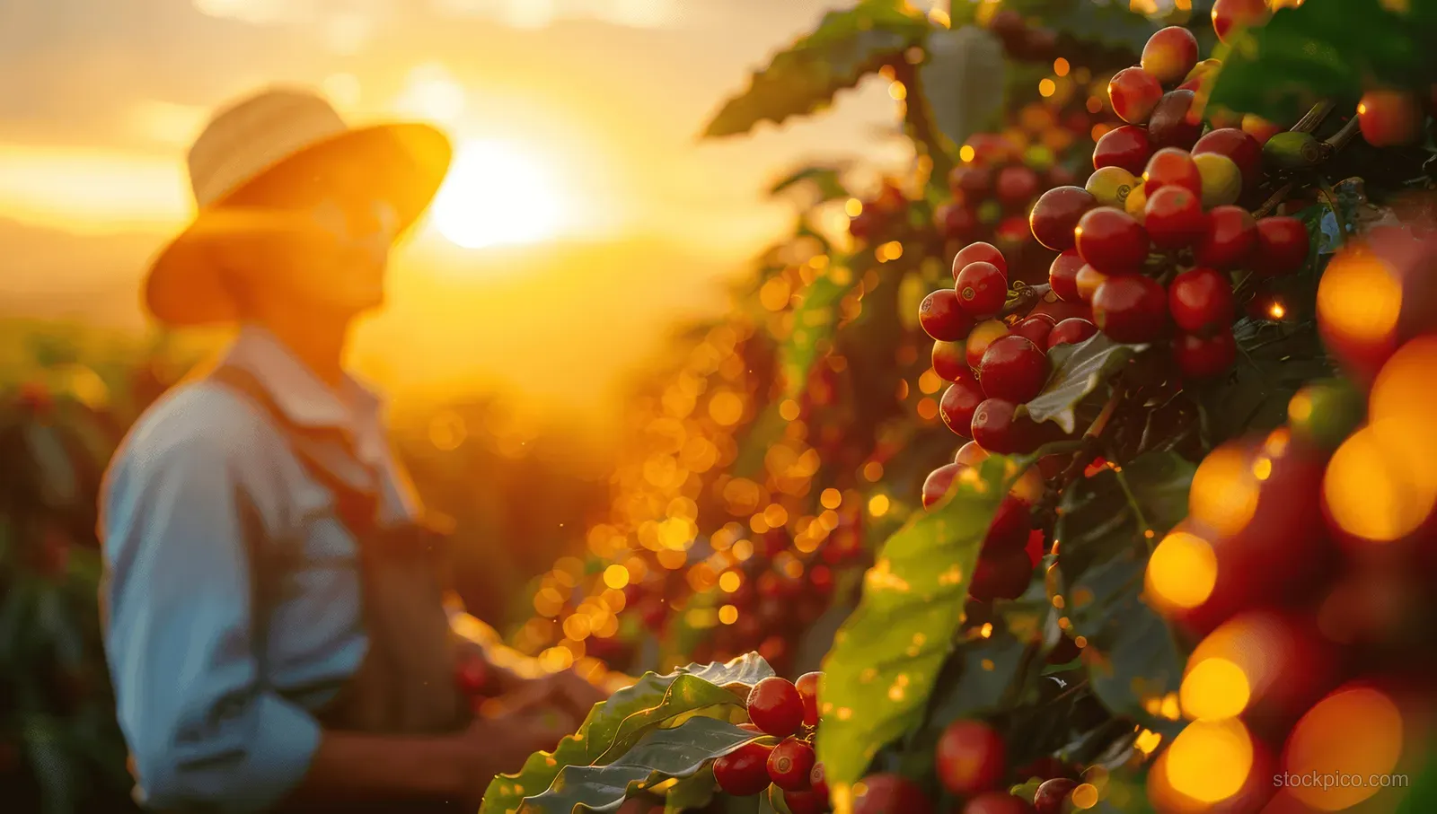 Silhouetted coffee farm worker harvesting red cherries at dawn with foggy sunlight rays over the plantation.