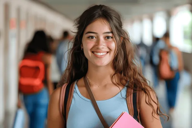 Smiling young female student with backpack and notebook in school hallway corridor