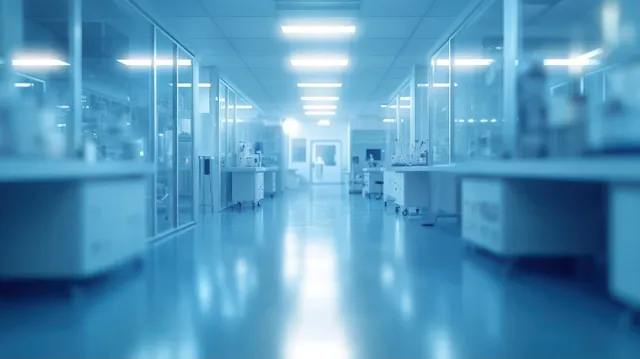 Clean laboratory corridor with glass partitions, instruments, and fluorescent lights reflecting on a shiny tiled floor.