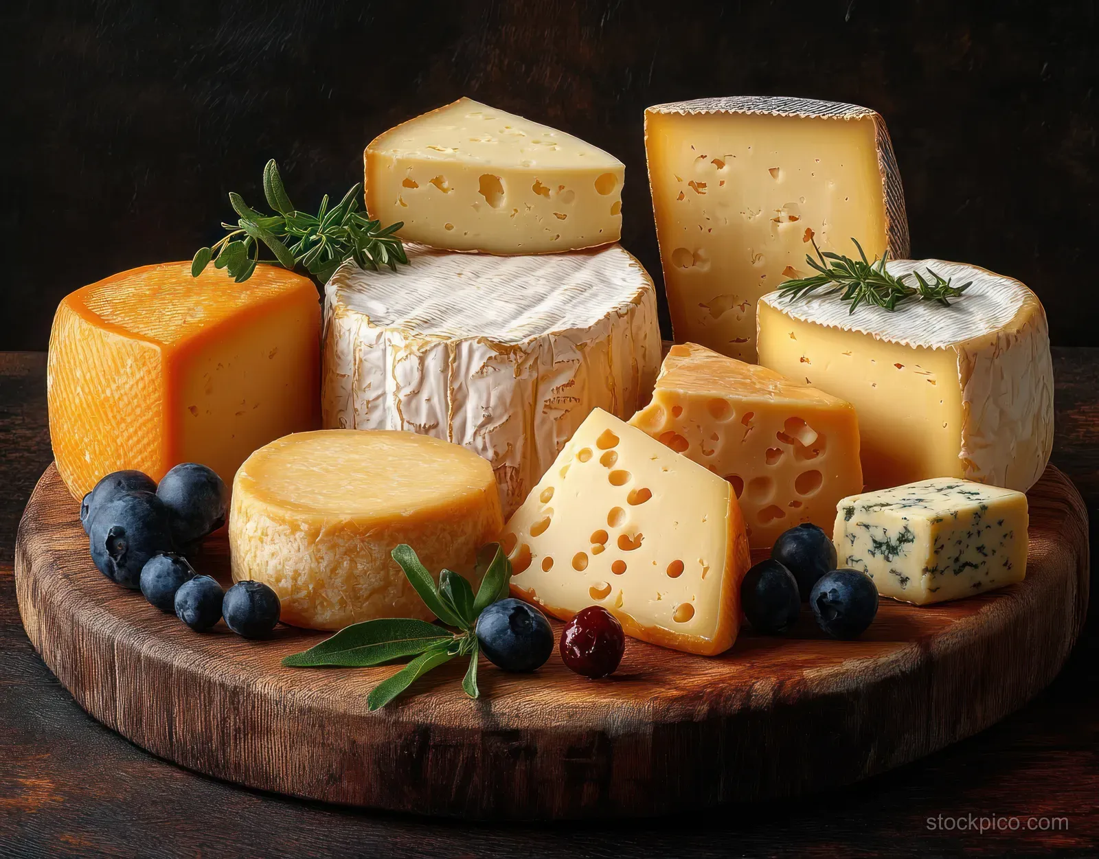 Brie, swiss, and blue cheese slices on a rustic wooden board with rosemary and blueberries.