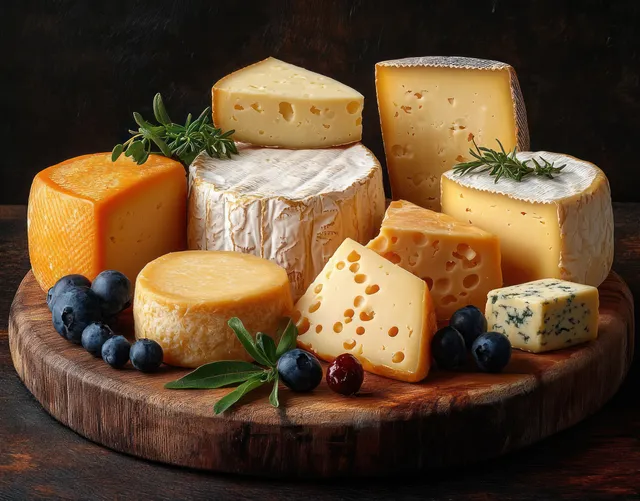 Brie, swiss, and blue cheese slices on a rustic wooden board with rosemary and blueberries.