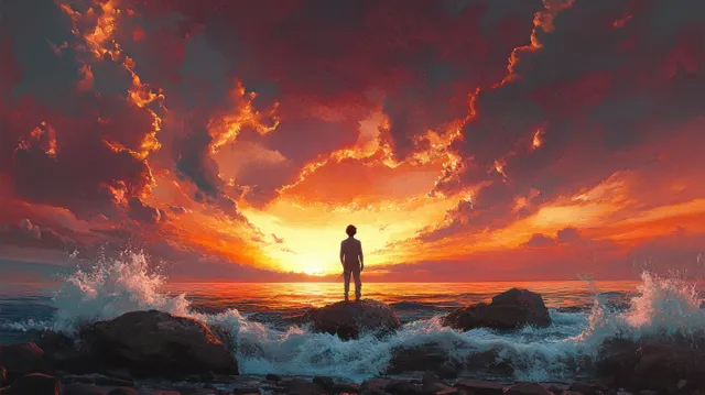 Boy playing guitar on rocky shore at sunset with crashing waves and dramatic sky
