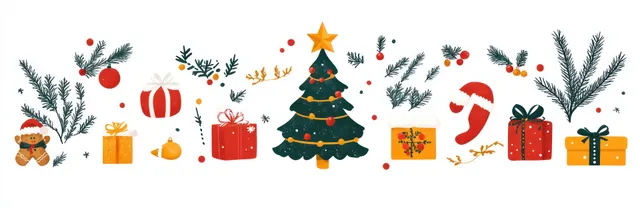 Christmas icon row with tree, gifts, gingerbread, snowman, ornaments, bell and candle