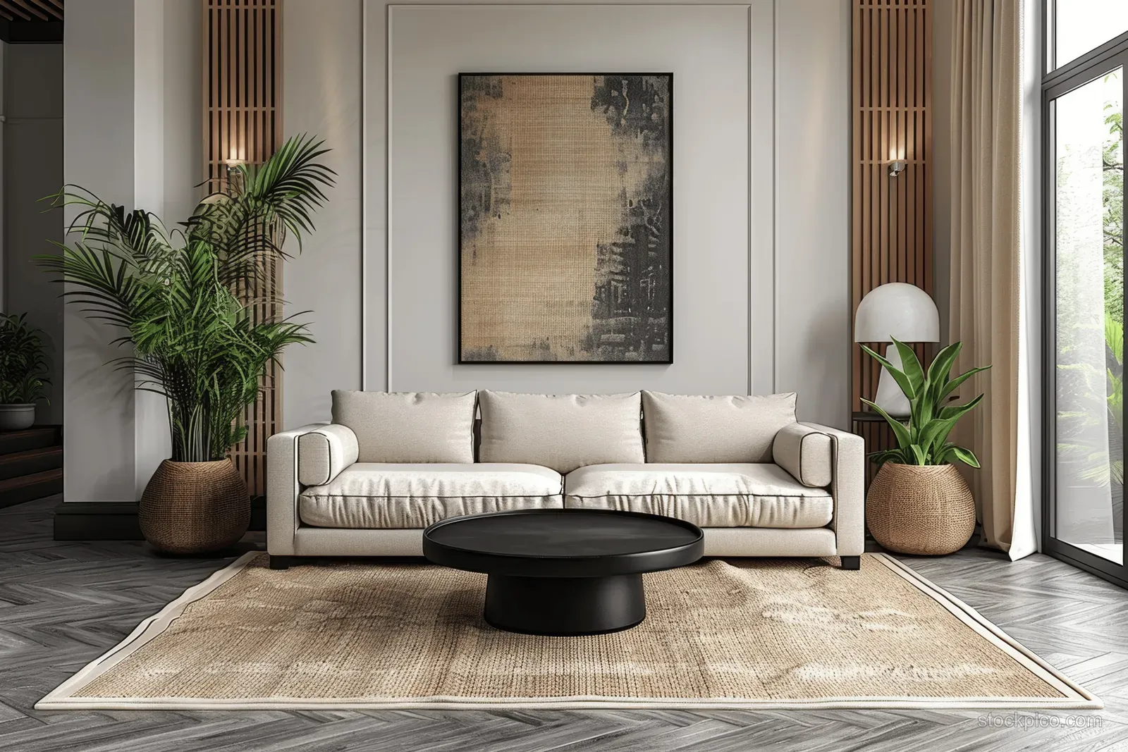Beige sofa and black coffee table sit on a jute rug in a sunlit Japandi living room with plants.