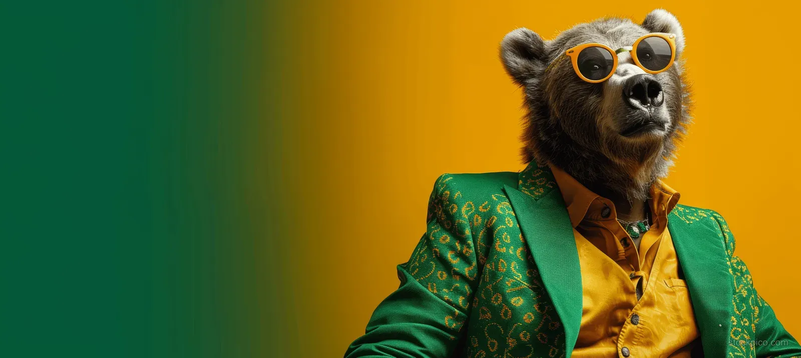 Grizzly bear wearing sunglasses and a green and yellow suit poses in a studio with teal and orange backdrop.