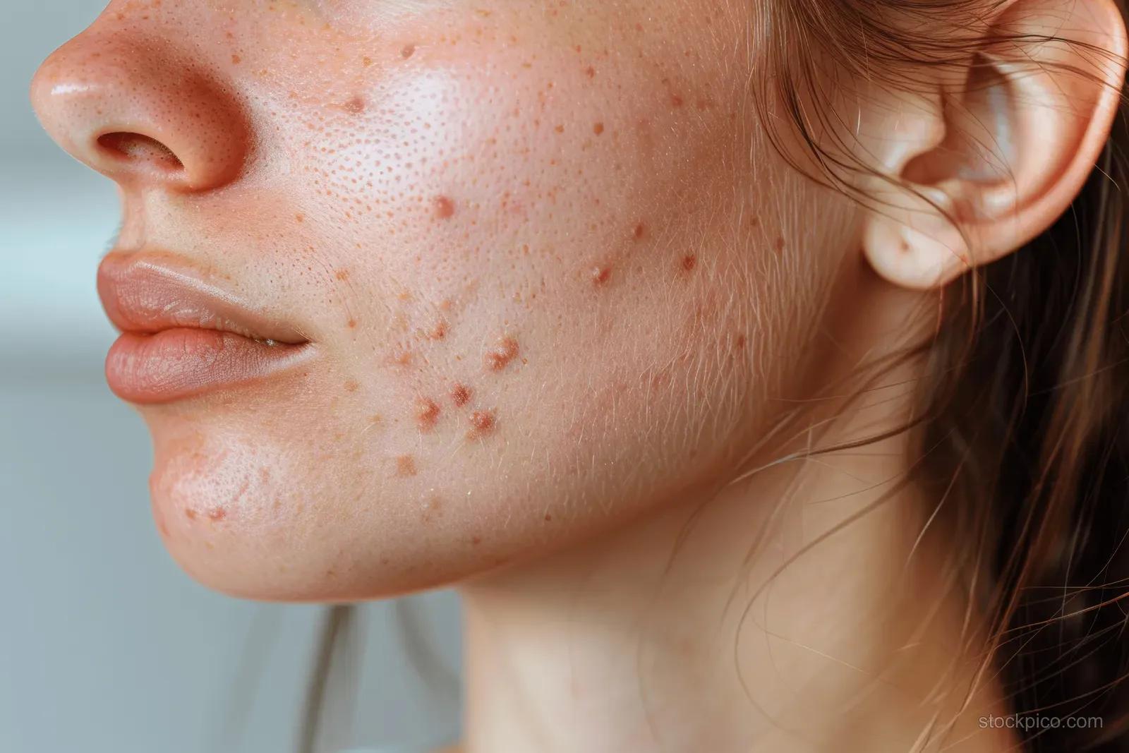 Close-up of a woman with red acne blemishes on her face, neck, and shoulders.