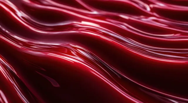 Glossy red liquid waves ripple across a smooth reflective surface with bright light highlights.