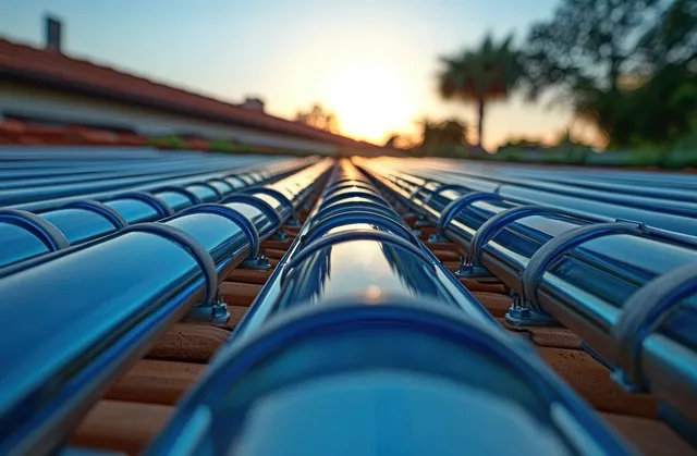 Reflective solar water heater tubes run along a tiled roof at sunset with blurred palm trees in the background.