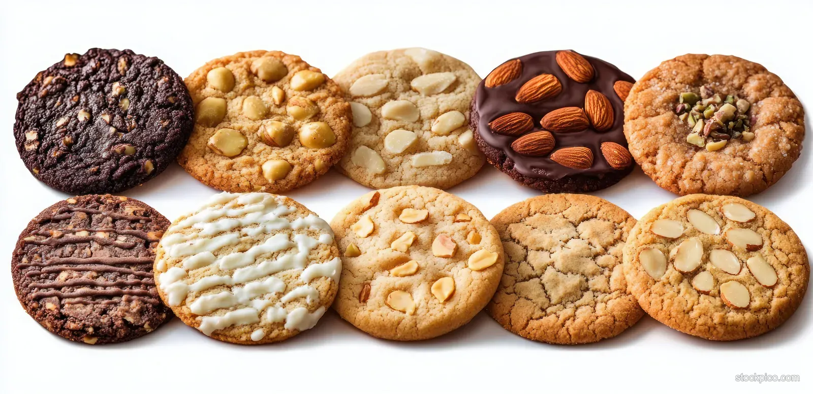 Assorted round cookies with nuts, chocolate, and drizzle toppings arranged in two rows on a white background.