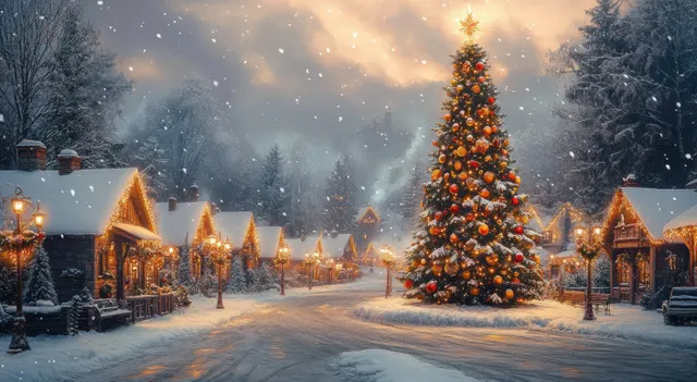 A glowing Christmas tree stands on a snowy village street surrounded by snow-covered wooden houses and festive lights.