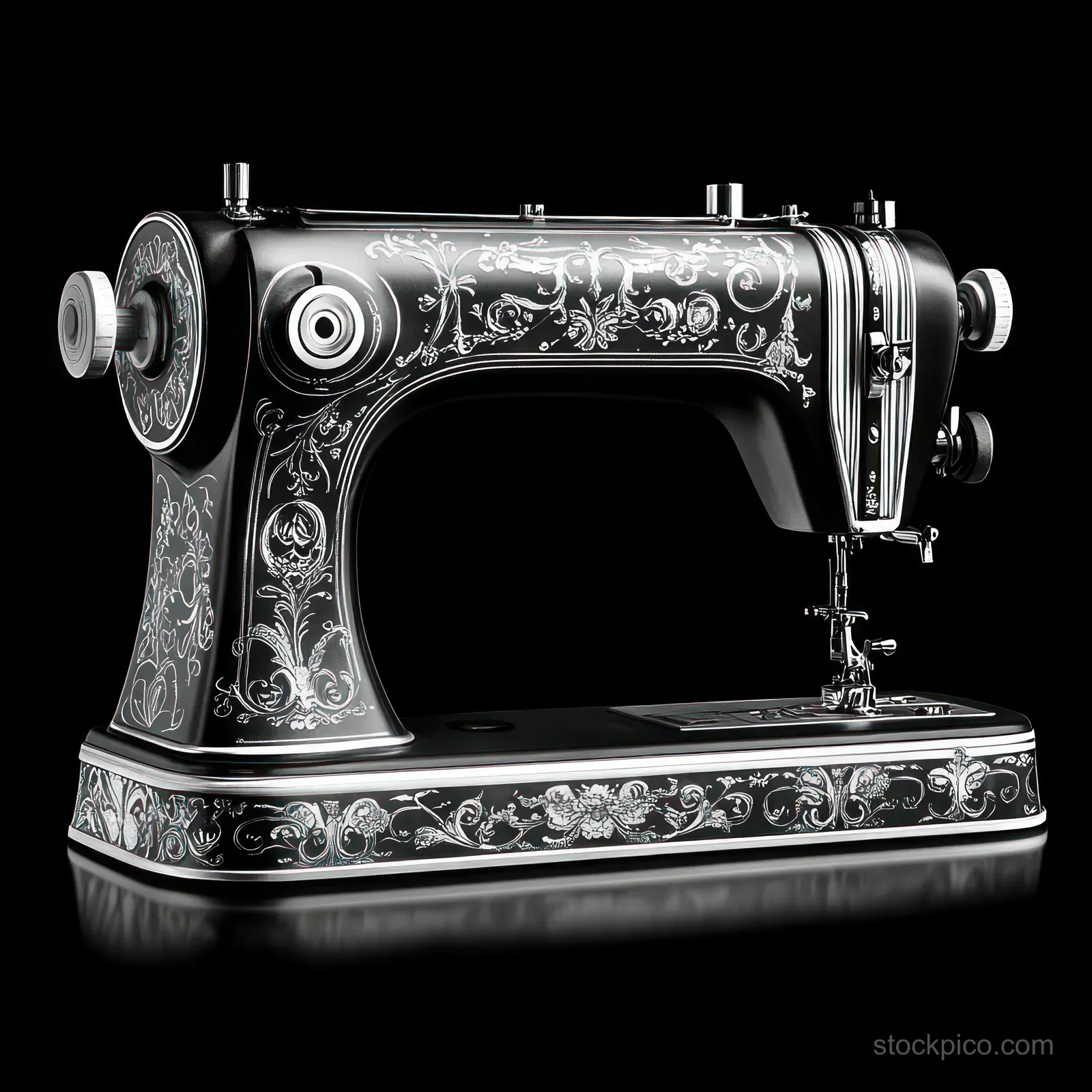 Ornate vintage sewing machine with floral and scroll engravings on a black metal body against a dark background.