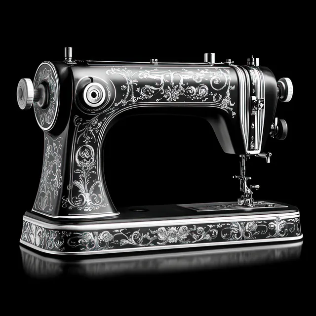 Ornate vintage sewing machine with floral and scroll engravings on a black metal body against a dark background.