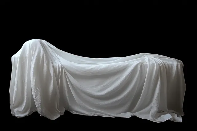White fabric drapes over an unseen object, showing smooth folds and soft shadows against a black background.