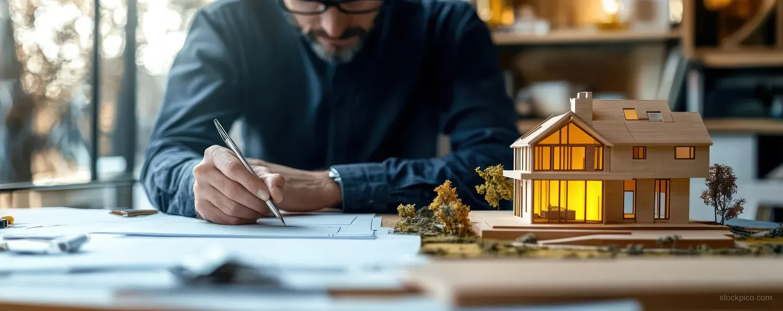 Architect hand-sketching a blueprint beside a house scale model on a desk with drafting tools.