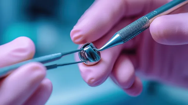 Gloved dentist hands holding dental instruments to inspect a shiny metallic crown closely